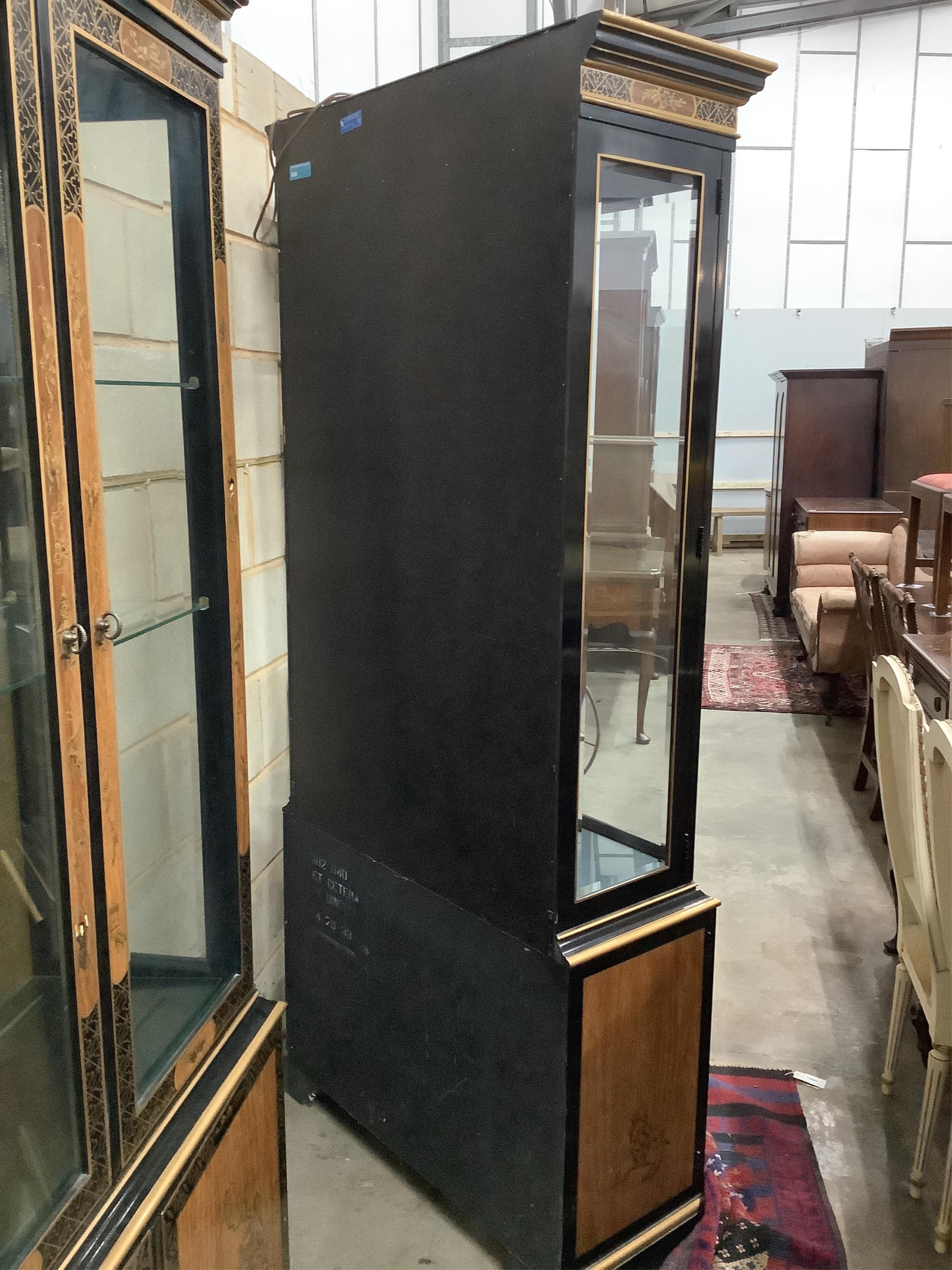 A pair of modern chinoiserie lacquered display cabinets, width 90cm, height 204cm. Condition - good